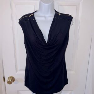 Navy Blue Blouse / Cowled Neck / Gold bead & Zipper